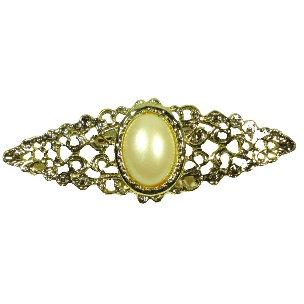 Vintage Victorian Style Bar Brooch Gold Tone Filigree Faux Pearl Cabochon